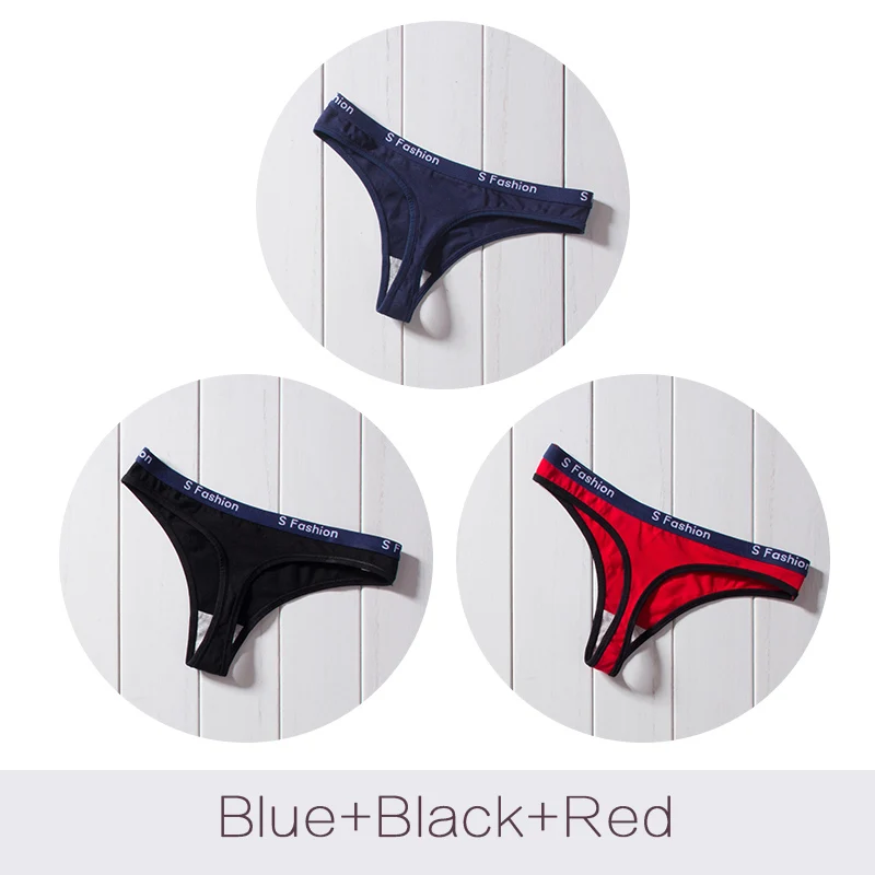 Сексуальные хлопковые трусики-стринги, женское нижнее белье, низкая талия, Т-образный вырез, для женщин, мягкое женское нижнее белье, DULASI, 3 шт./лот, трусы - Цвет: Blue Black Red