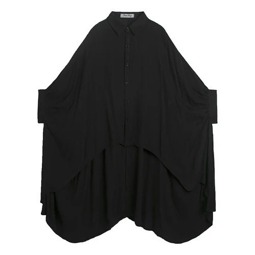 Мужская свободная Черно-белая рубашка с коротким рукавом и асимметричным большим подолом в стиле «летучая мышь», длинные рубашки для мужчин и женщин в стиле уличного готического панк-шоу - Цвет: C509 black