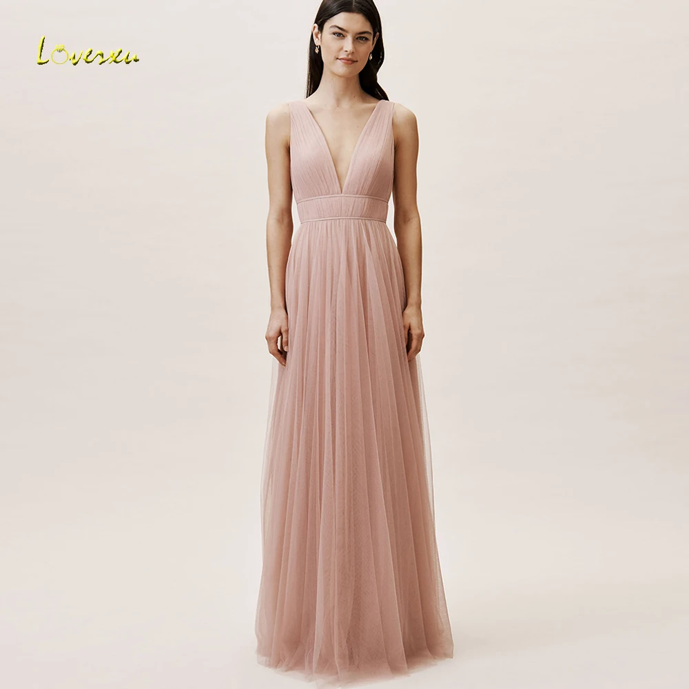 

Lovexu Marvelous V-Neck A Line Adult Bridesmaid Dress Plus Size 2019 Simple Tank Sleeve Backless Organza Dress For Wedding Party
