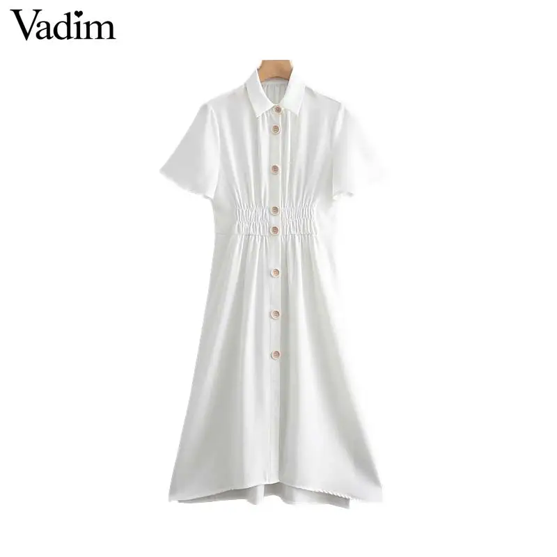 

Vadim Women short sleeve white midi dress elastic waist turn down collar split mid calf dresses irregular casual vestidos QB371