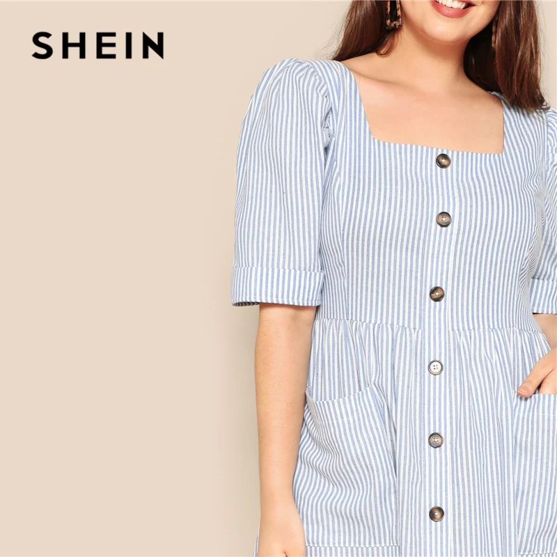 SHEIN, платье размера плюс, синее, с карманом, с заплатками, на пуговицах, в полоску, с карманом,, женское летнее повседневное Цельнокройное расклешенное платье с квадратным вырезом