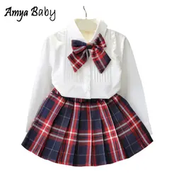 Amyababy бутик детская одежда Одежда и аксессуары для девочек комплект Блузка с длинными рукавами + клетчатая юбка + бант 3 шт. комплекты для