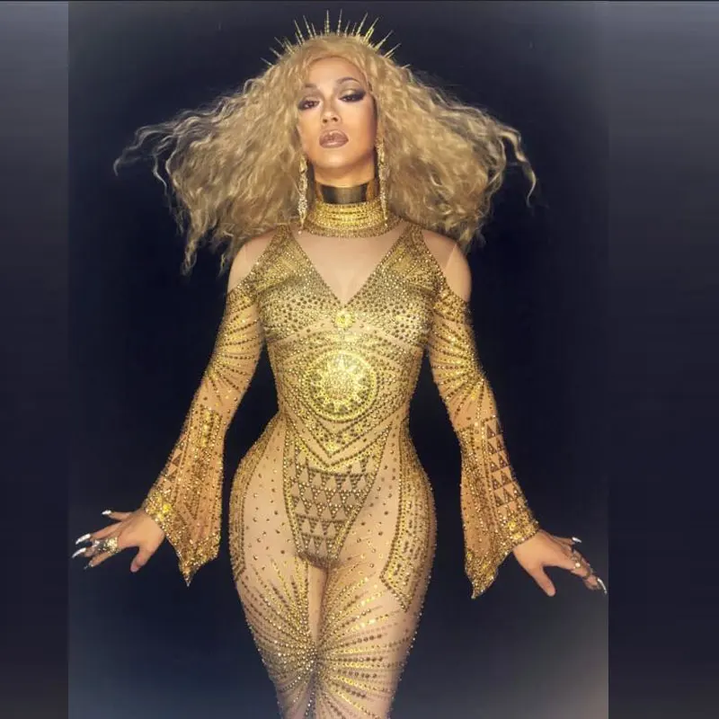 

Fashion Gold Rhinestones Nude Jumpsuit Sexy Nice Bodysuis Full Crystals Stage Wear Costume Prom Birthday Celebrate Outfit