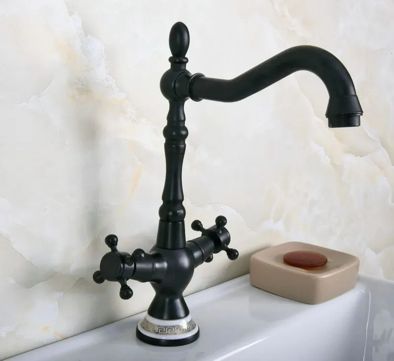 Oil Rubbed Bronze Dual Cross Handles Ceramic Base Bathroom Kitchen Basin Sink Faucet Mixer Tap Swivel Spout Deck Mounted mnf647