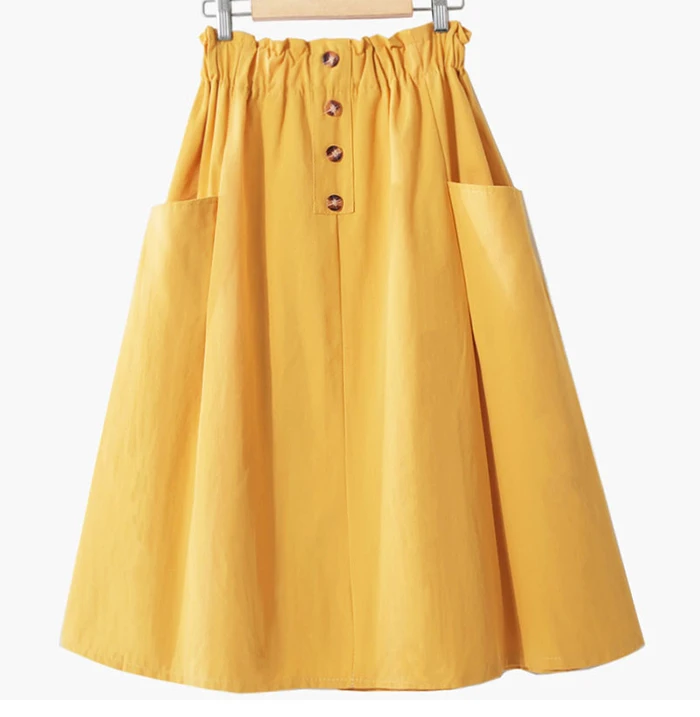Элегантные хлопковые миди летние юбки женские с карманами на пуговицах Новинка корейская мода Высокая талия средняя удлиненная юбка женский розовый желтый