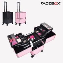 Facebox бренд Макияж коробка с тележкой Красота случае с колесами Профессиональные съемный Макияж Box черный и розовый цвет