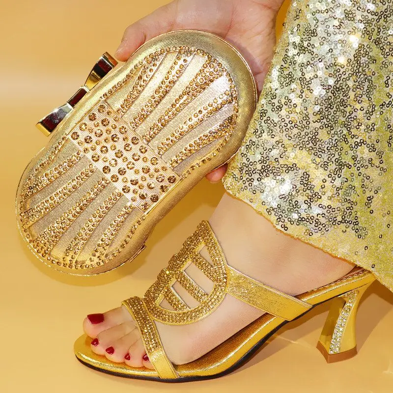 

Gold Color Good Quality Shoes with Matching Bag for Wedding Italy Shoes and Bag To Match for Wedding Nigerian Women Party Pumps