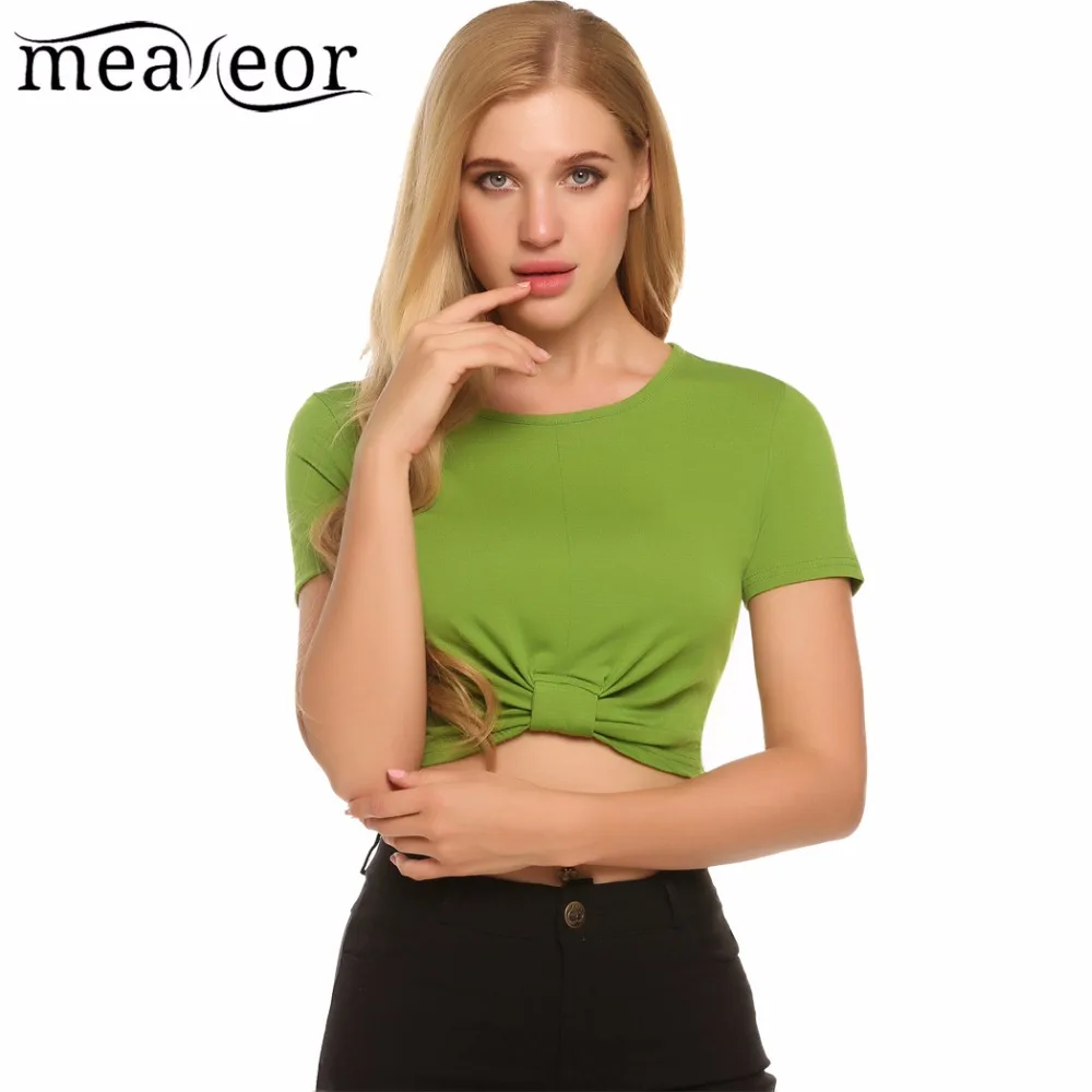 Meaneor Front Tie Short Pullover Sexy T-shirt Women's O-Neck Short Sleeve Solid T-shirts Tops Summer Casual T-shirt Clothing Meaneor Front Tie Short Pullover Sexy T-shirt Women's O-Neck Short Sleeve Solid T-shirts Tops Summer Casual T-shirt Clothing
