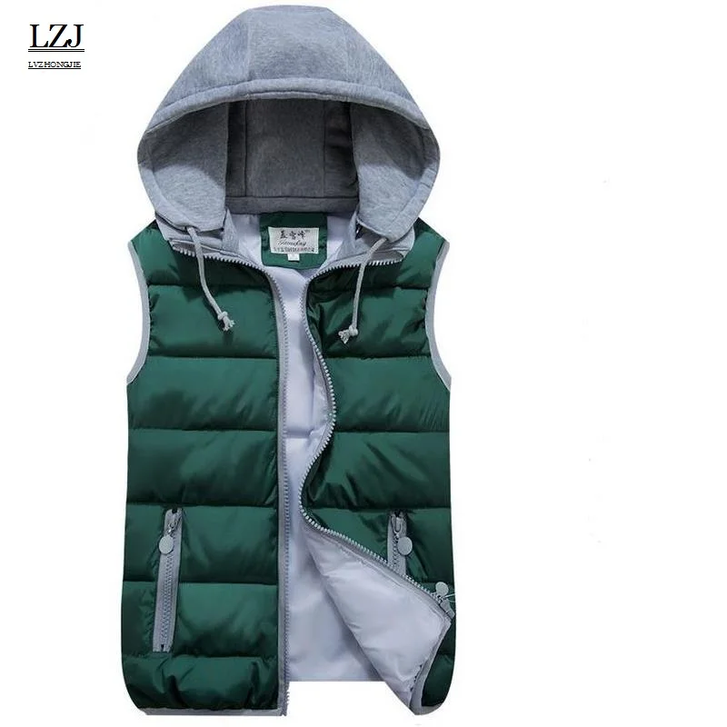 

LZJ Women Cotton Wool Collar Hooded Down Vest Removable Hat Female Thicken Winter Warm Black Jacket Outerwear New plus size M1
