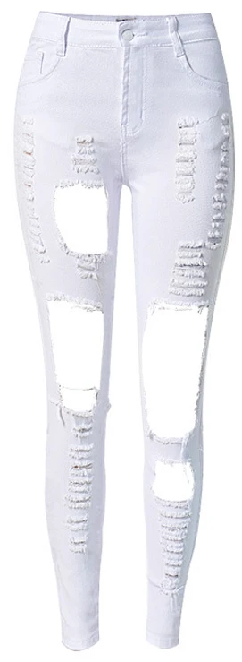 Рваные джинсы для женщин, брюки с высокой талией, брюки с дырками, обтягивающие женские белые черные брюки, карандаш, Pantalon Femme - Цвет: Белый