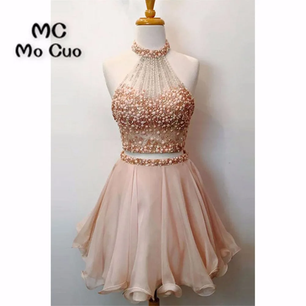 

Two Pieces Gown 2018 Short Homecoming dress Cocktail party dress Sleeveless Beaded Halter Party Dress short homecoming dress