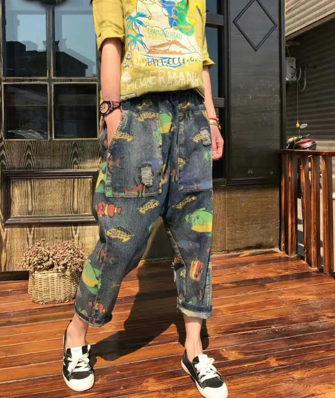

2017 Spring Elastic Waist Patckwork Calf Length Denim Cowbody Vintage Washed Cross Pants Pockets Large Size Pants Hot Sale