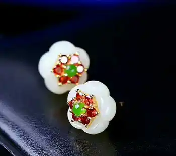

Natural authentic female s925 silver inlay and white jade earrings simple fashion earrings