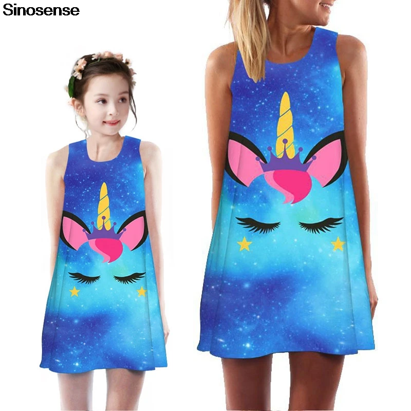 

New Space Galaxy Unicorn Mom And Daughter Dress 2019 Print Vintage Summer Holiday Beach Dress Sexy Mini Family Matching Clothes