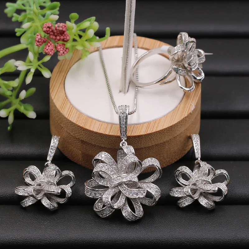 Lanyika комплект ювелирных изделий преувеличенные Изящные ленты цветок микро покрытием ожерелье с серьги и кольцо для помолвки популярные подарки