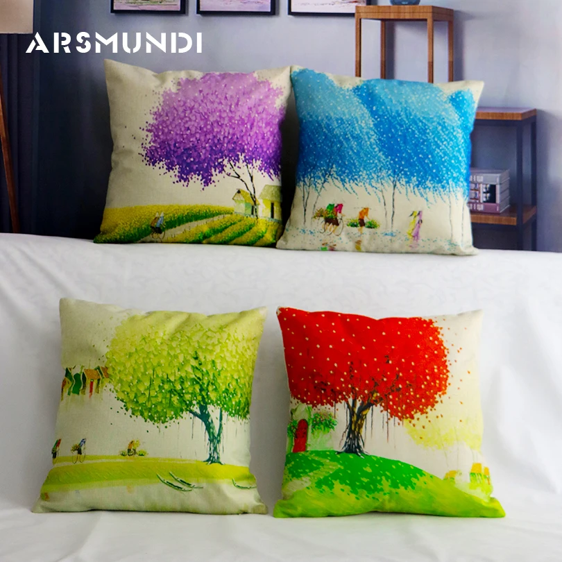 

New Cushion Covers Flower Tree of Life Countryside Throw Bed Room Decorative Pillows Home Bright Colors Car pillow 45Cm*45Cm