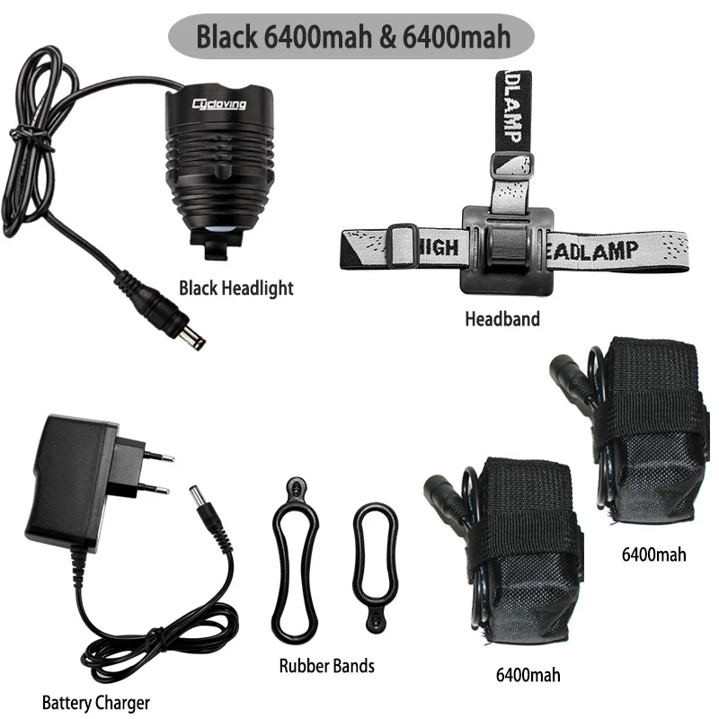 Cycloving Велосипедный свет велосипедные фары светодиодный налобный фонарь 1800 люмен, алюминиевый водонепроницаемый аксессуары для горных велосипедов - Цвет: Black n 2pc 6400mah