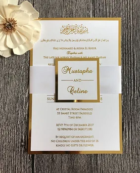 

Gold Foil Print Wedding Invitations with Satin Ribbon Belly Band and Tag