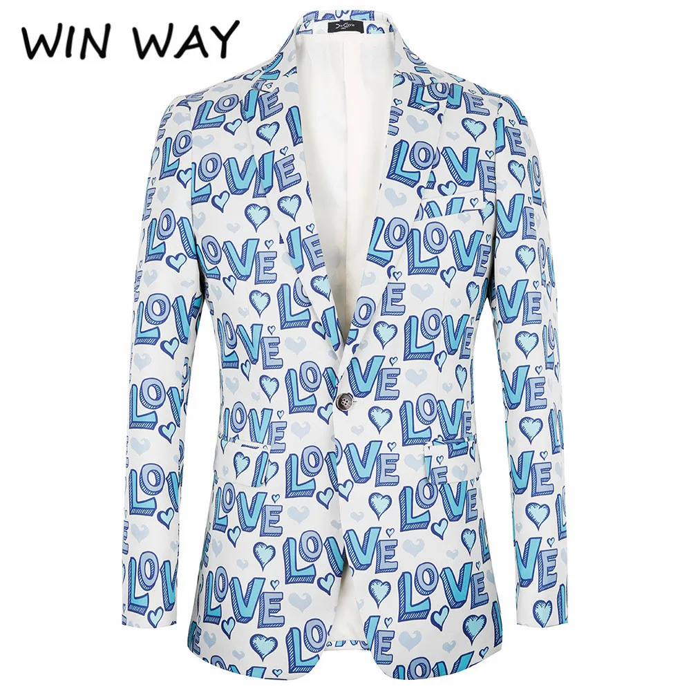 WINWAY 2019 Fashion Letter Print Casual Slim Fit Formal Suit Jacket Blazer Designs Stage Costumes For Christmas Festival Party | Мужская