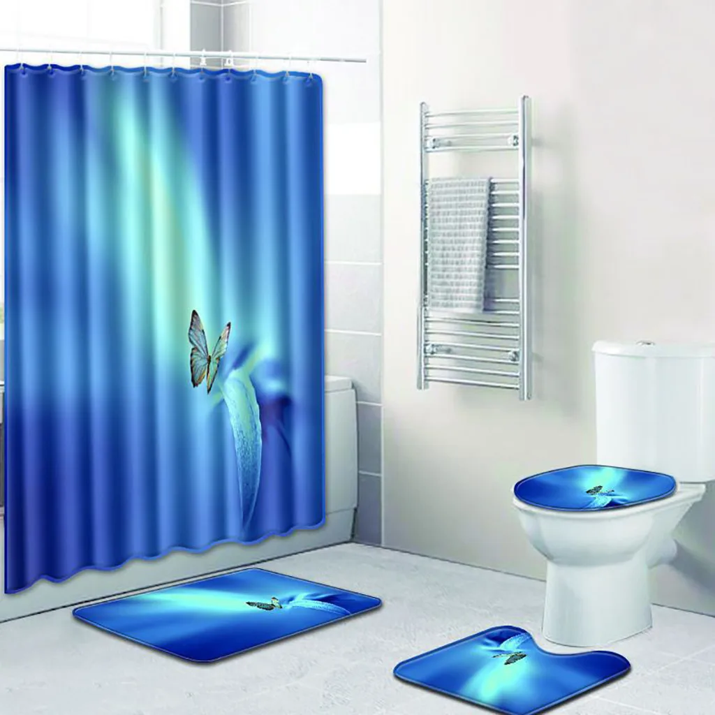 Занавеска для душа, Товары для ванной, 4 шт., с рисунком бабочки, нескользящая, для туалета, полиэфирная крышка, набор ковриков для ванной, занавеска для душа, моющаяся