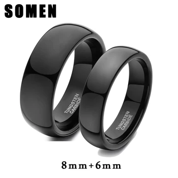 

2Pcs 6mm & 8mm Flat Brushed Black Tungsten Ring Lover Wedding Band Male Engagement Rings Couple Ring Set Jewelry USA Size 4 - 14