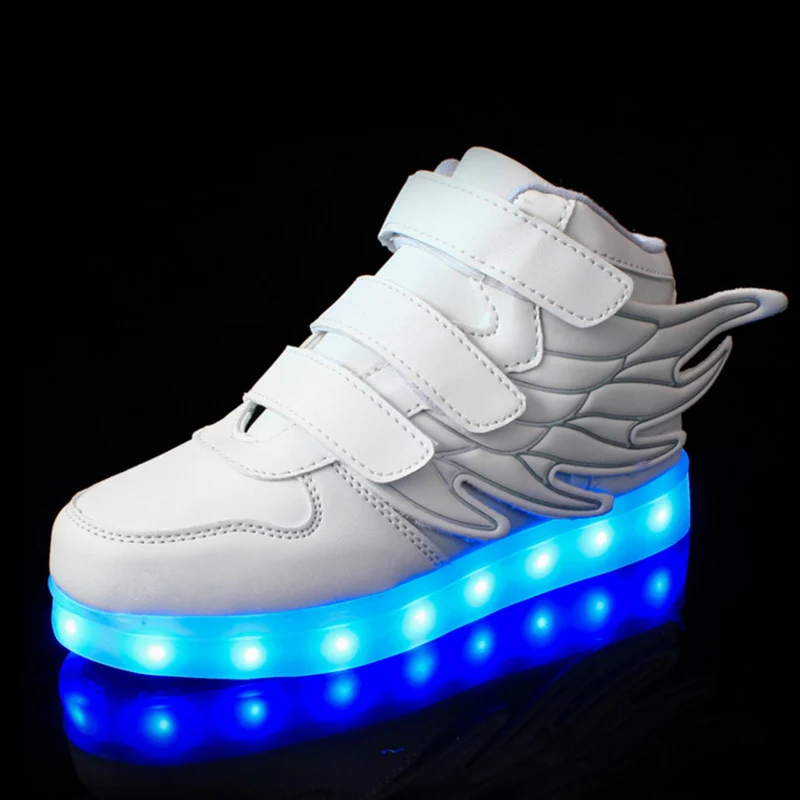

Wings Kids Flash Led Light Up Shoes 7 kinds of Color Leather Hook & Loop Boys Girls Glowing Shoes Children Luminous Sneakers