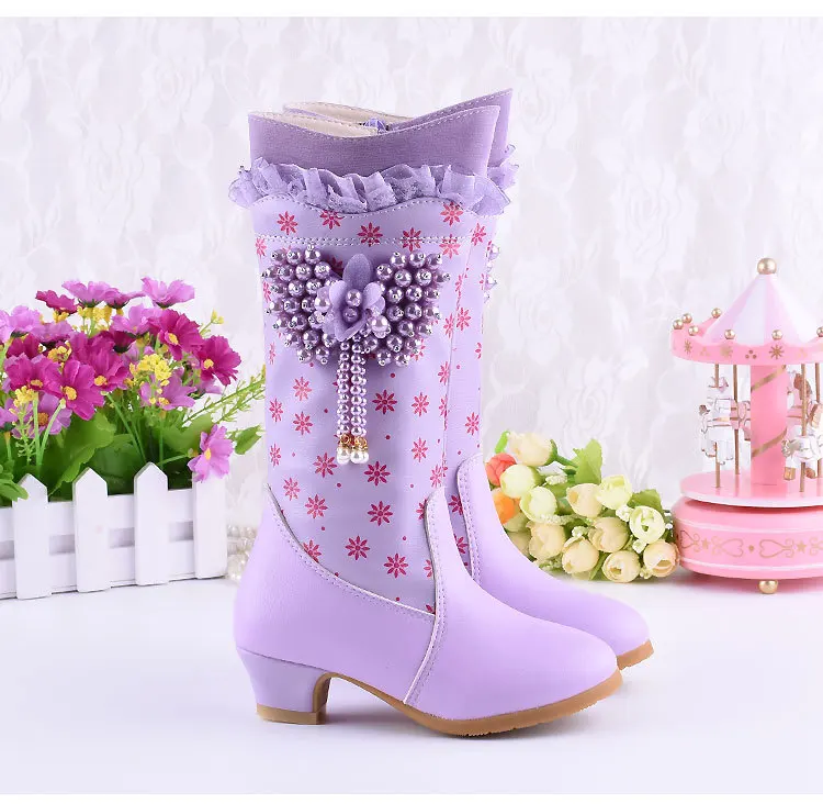 Детские модные ботинки на низком каблуке ботинки до середины икры для принцессы изысканные ботинки с бусинами и цветами для свадебной вечеринки обувь из искусственной кожи розового и фиолетового цвета