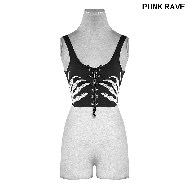 

Fashion Women Halter Vest Rock Cool Hand Bone Print Tether Cropped Feminino Tanks Summer Bralette Crop Tops PUNK RAVE T-447