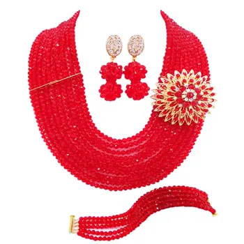 

Red African Jewelry Set Nigerian Wedding Beads Party Jewelry Accessories Beaded Necklace Bracelet Earrings 10DS11