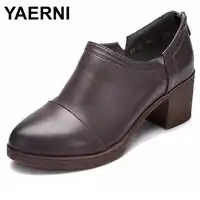 YAERNI New Women's High Heels Pumps Deep Mouth Thick Heel Round Toe Genuine Leather Woman Shoes for office lady Women E542