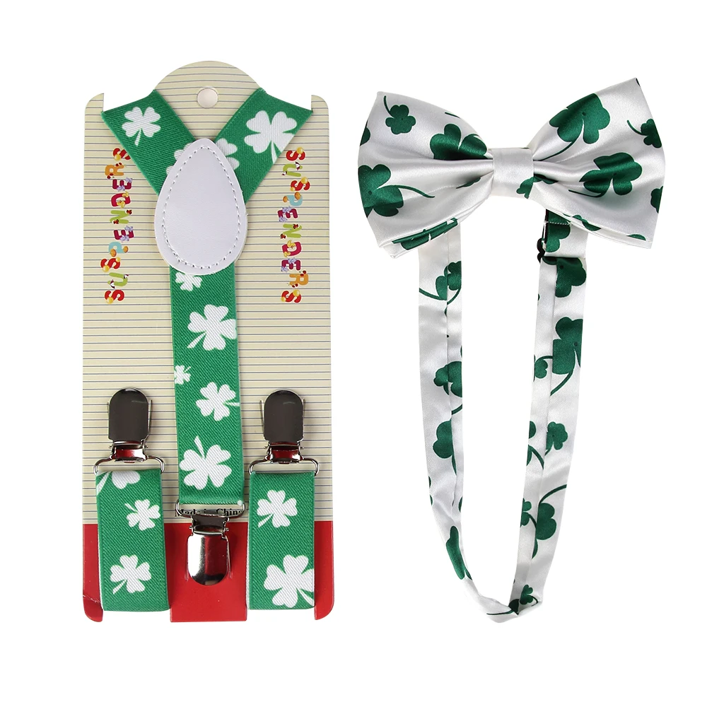 Winfox Новая мода зеленый белый Клевер Цветочные галстук-бабочка и чулок детский комплект для мальчиков и девочек