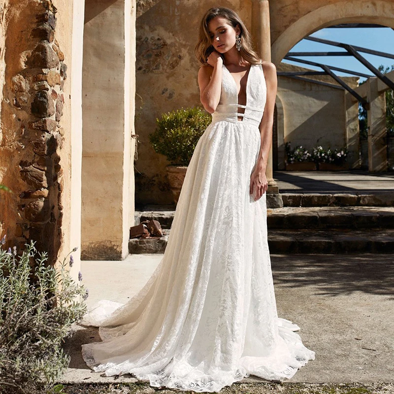 

LORIE Lace Wedding Dress 2019 Sleeveless A Line Boho Bride Dress Sexy V Neck Princess Wedding Gown Custom Made vestido de