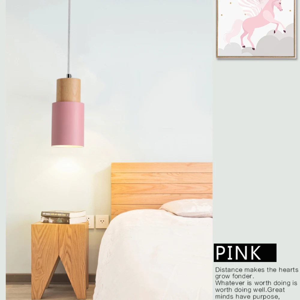  Designer Nordic simple Wood Pendant Lights led hang lamp Colorful Aluminum fixture Kitchen Island b - 32884493718
