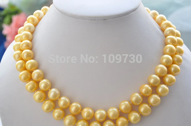 

Jewelr 003294 A++ 2row 12mm ROUND GOLDEN FRESHWATER PEARL NECKLACE