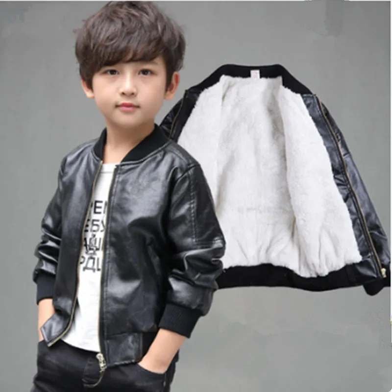IIMADFWIW/кожаные куртки для мальчиков Модное однотонное пальто из искусственной кожи со стоячим воротником, верхняя одежда Детские топы черного, синего, кофейного цвета, 90-170 - Цвет: black plus velvet