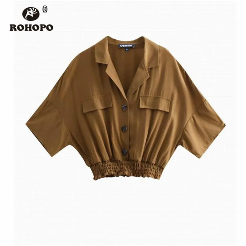 

ROHOPO Autumn Female Soft Crop Top Blouse Smocking Waist Pocket British Style Solid Loose Top Shirt #UK9180