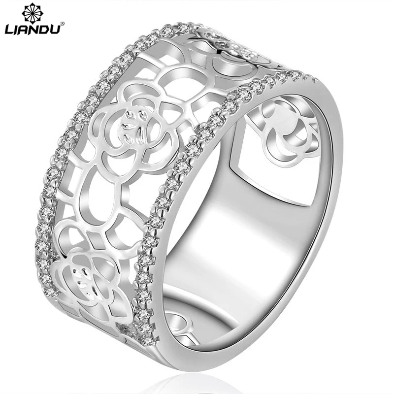 

Rose Flower Round Finger Ring Cute Hollow Romantic Woman Gold Silver Ladies Elegant Engagement Wedding Party Silver Lovers Ring