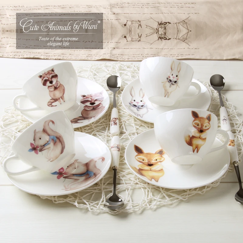 

Italian Famous Brand WUNI Lovely Bone China Tea Cups Set Ceramics Coffee Mug Tray Spoon Kits Ms. Mr. Fox Best Gift For Kids Baby