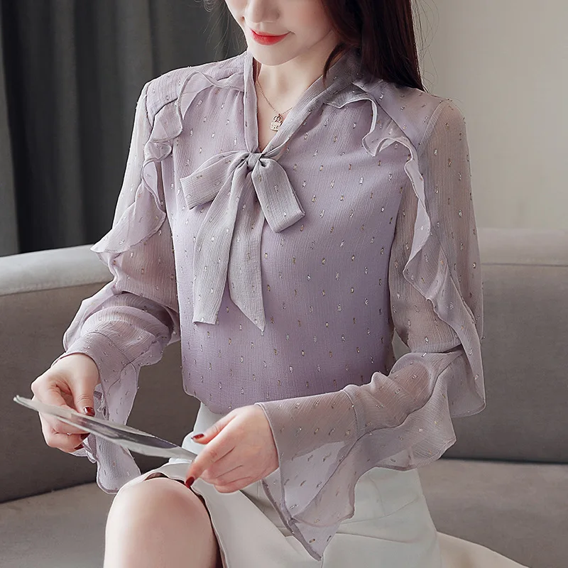 

2019 Spring New Arrival Korean Style Chiffon Blouse With Bow Fashion Lotus Leaf Edge Long Sleeve Tie Neck Blouses Free Shipping