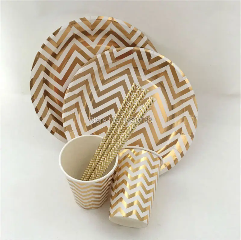 

1200pcs Disposable Tableware Metallic Gold Paper Drinking Straws Silver Chevron Paper Plates Cupcake Cups for Party Birthday