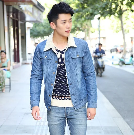 mens jean jacket with wool collar
