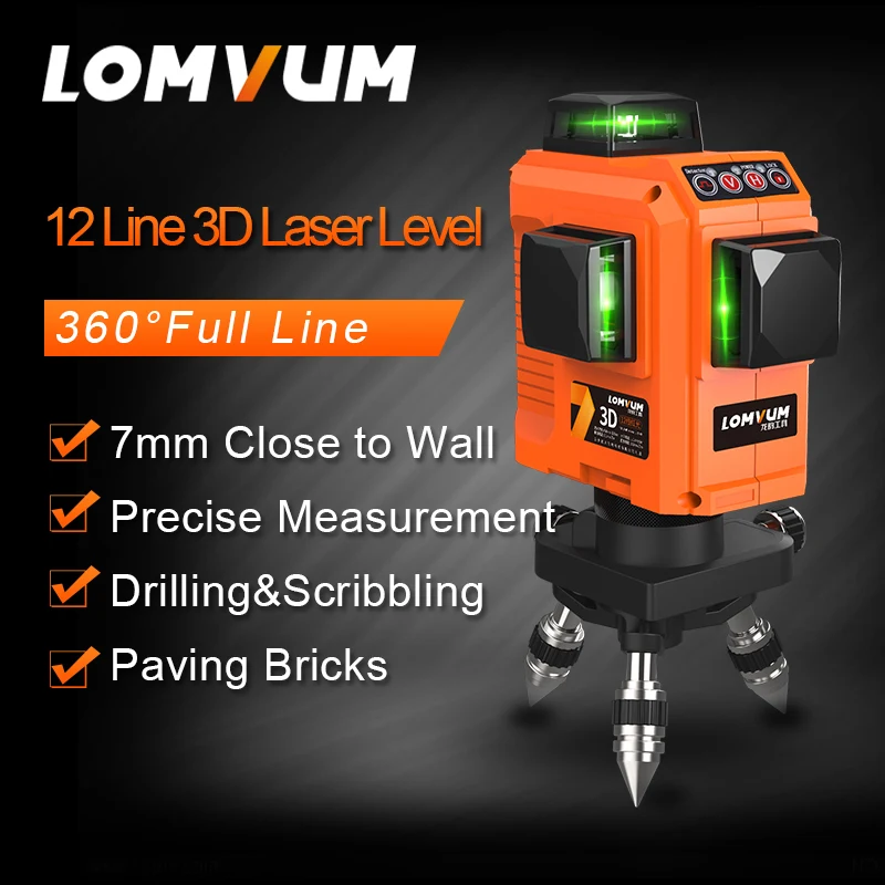 LOMVUM 12Lines 3D Laser Level Self-Leveling 360 Horizontal With Base Line Leveling Green Red Line Indooroutdoor Laser Level