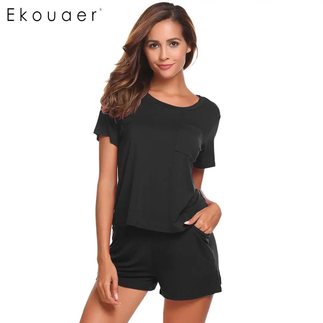 Ekouaer, женские пижамные комплекты, круглый вырез, короткий рукав, одноцветная одежда для сна, карманы, шорты, ночные рубашки, повседневная женская домашняя одежда - Цвет: Black