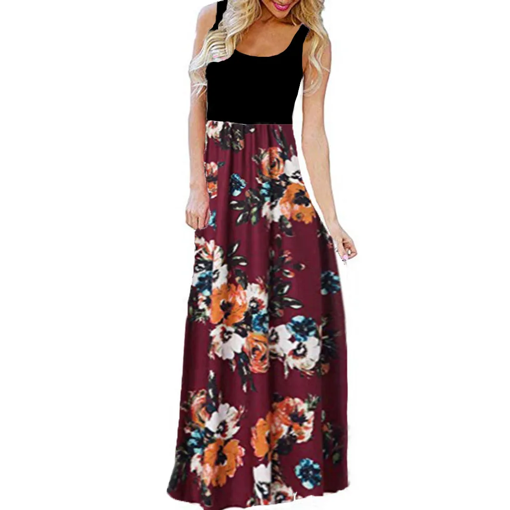 Dress Women Dresses Woman Party Night Summer Dress 2019 Women's Casual Sleeveless O-neck Flowers Print Maxi Tank Long Dress