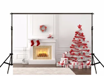 

White Backdrops for Photography Christmas 7x5ft Fireplace Red and Silver Xmas Trees Photo Background for Studio Holiday Party