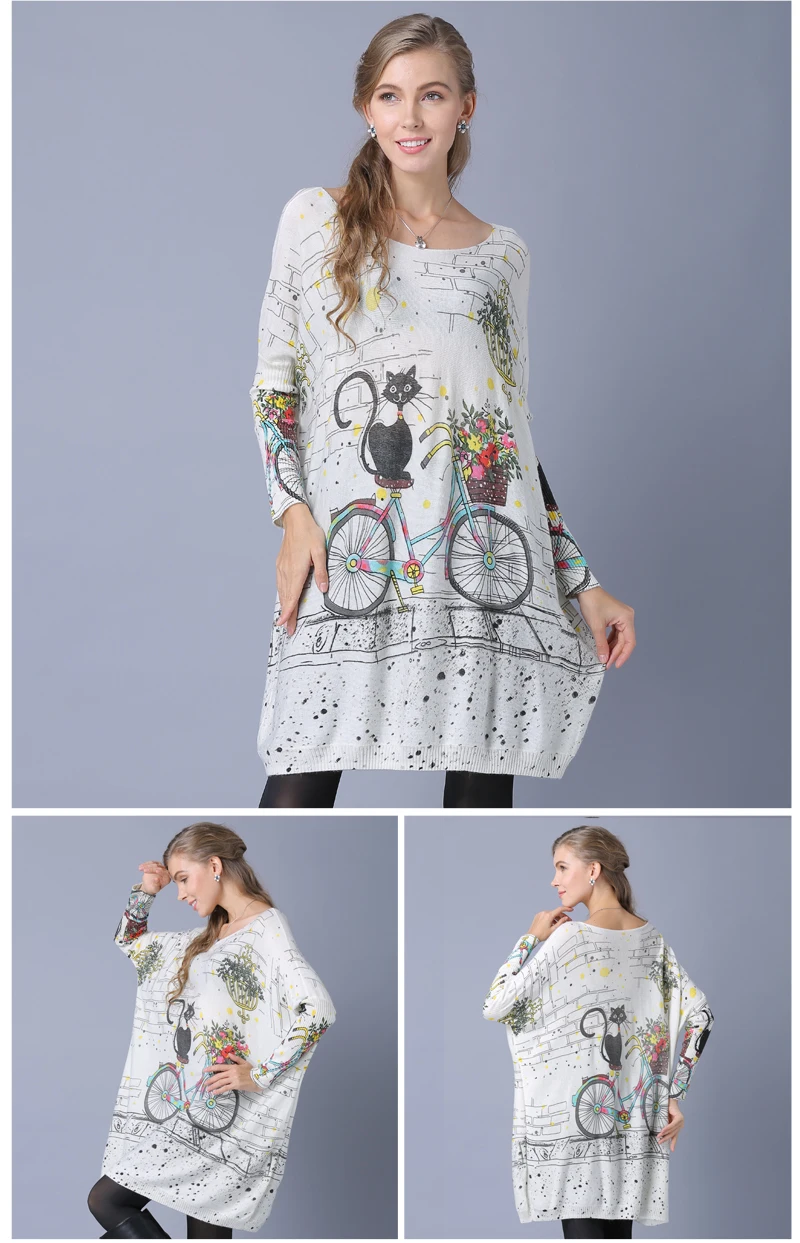 HCYO 2018 Women Casual Coat Batwing Sleeve Print Woman Sweaters Pullovers Clothing  Winter Long Oversized Cat Bicycle Print Sweater  (4)