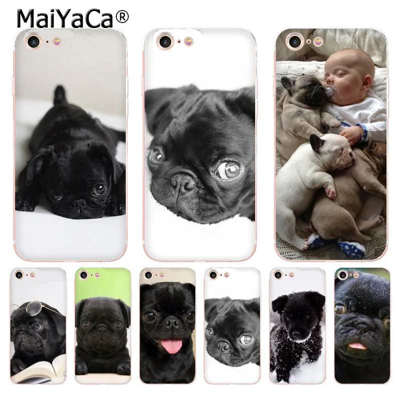 

MaiYaCa For iphone 7 6 X Case Black Baby Pug Transparent Cover Case for iPhone 8 7 6 6S Plus X 5 5S SE 5C XS XR Cover
