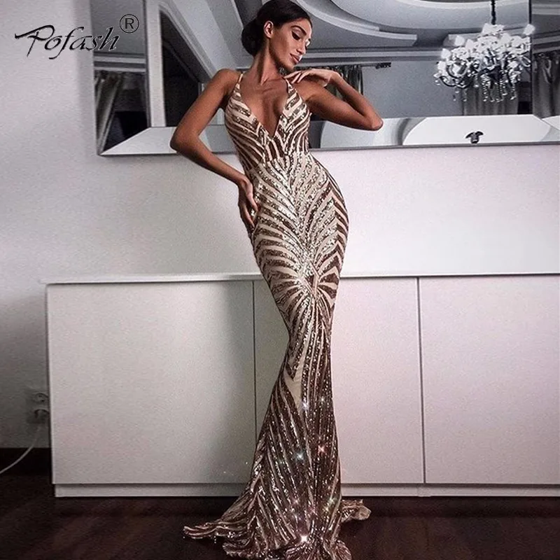 

POFASH Bodycon Dress Elegant Deep V Neck Backless Party Maxi Dresses 2018 Summer Sexy Floral Mermaid Long Dress women