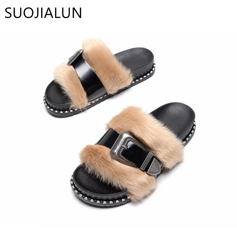 

SUOJIALUN 2018 Spring Open Toe Women Slipper Fashion Fur Flip Flops Women Sandals Ladies Flat Slides Female Flat Shoes