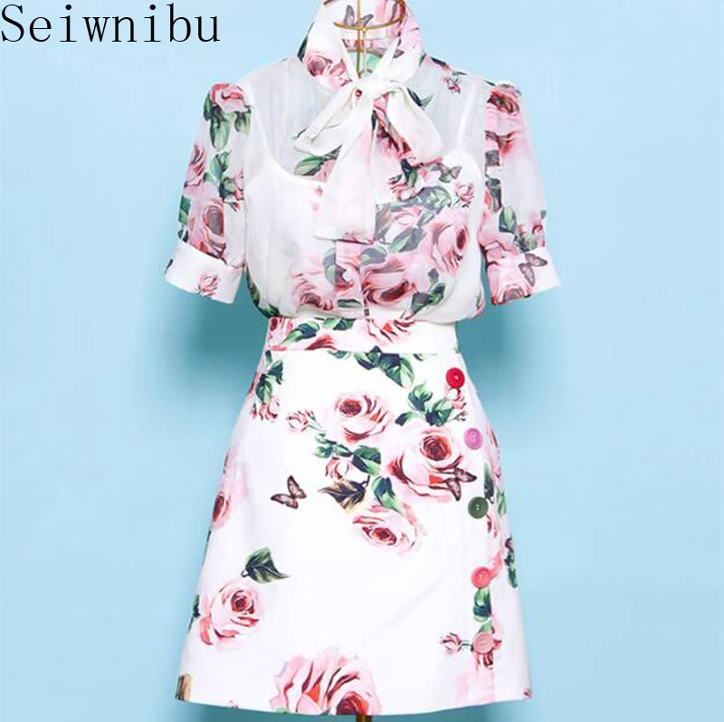 

HIGH QUALITY Women rose print Shirt+High waist Skirts Suits Bowknot Tops Vintage Floral Skirt Sets Elegant Two Piece Set